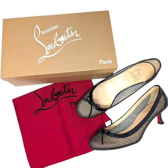 Christian Louboutin Marcia Rete Black Mesh Bow Heels Size 37 - Picture 2 of 9